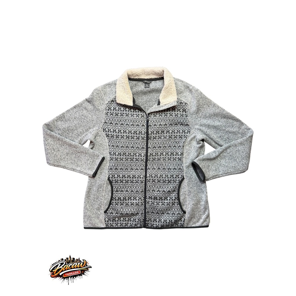 Eddie Bauer Women's XL Gray Fair Isle Sherpa Collar Full Zip Fleece Jacket